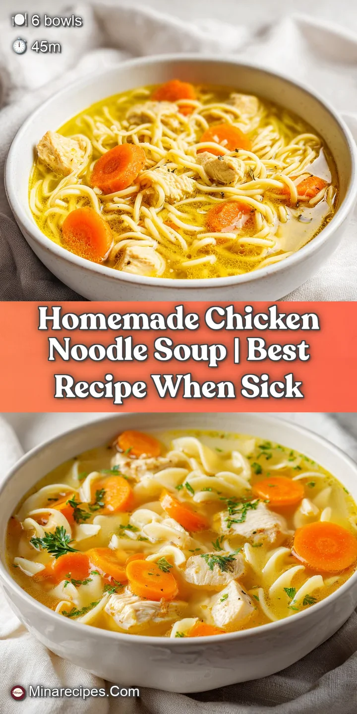 Close-up of steaming golden broth with thick noodles, tender chicken chunks, and a sprinkle of chopped green herbs.