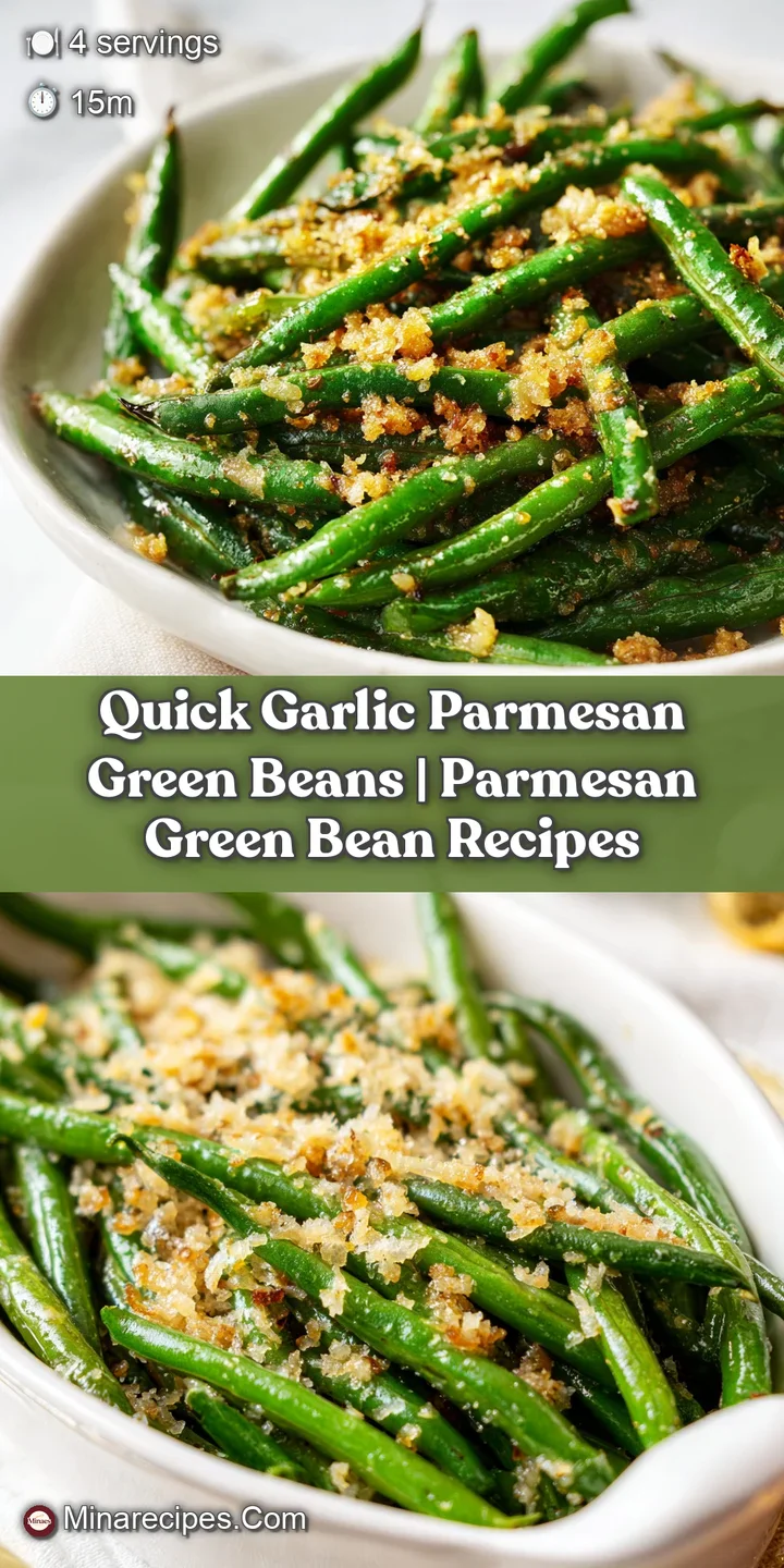 Close-up of glossy, tender-crisp green beans coated in melted butter, toasted garlic, and snowy parmesan.