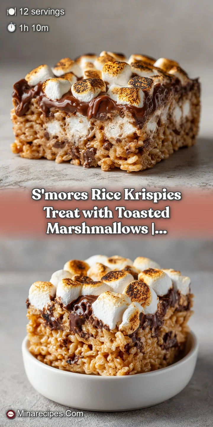 Close-up of a sticky, toasted marshmallow melting over a chewy rice cereal bar with rich chocolate swirls.