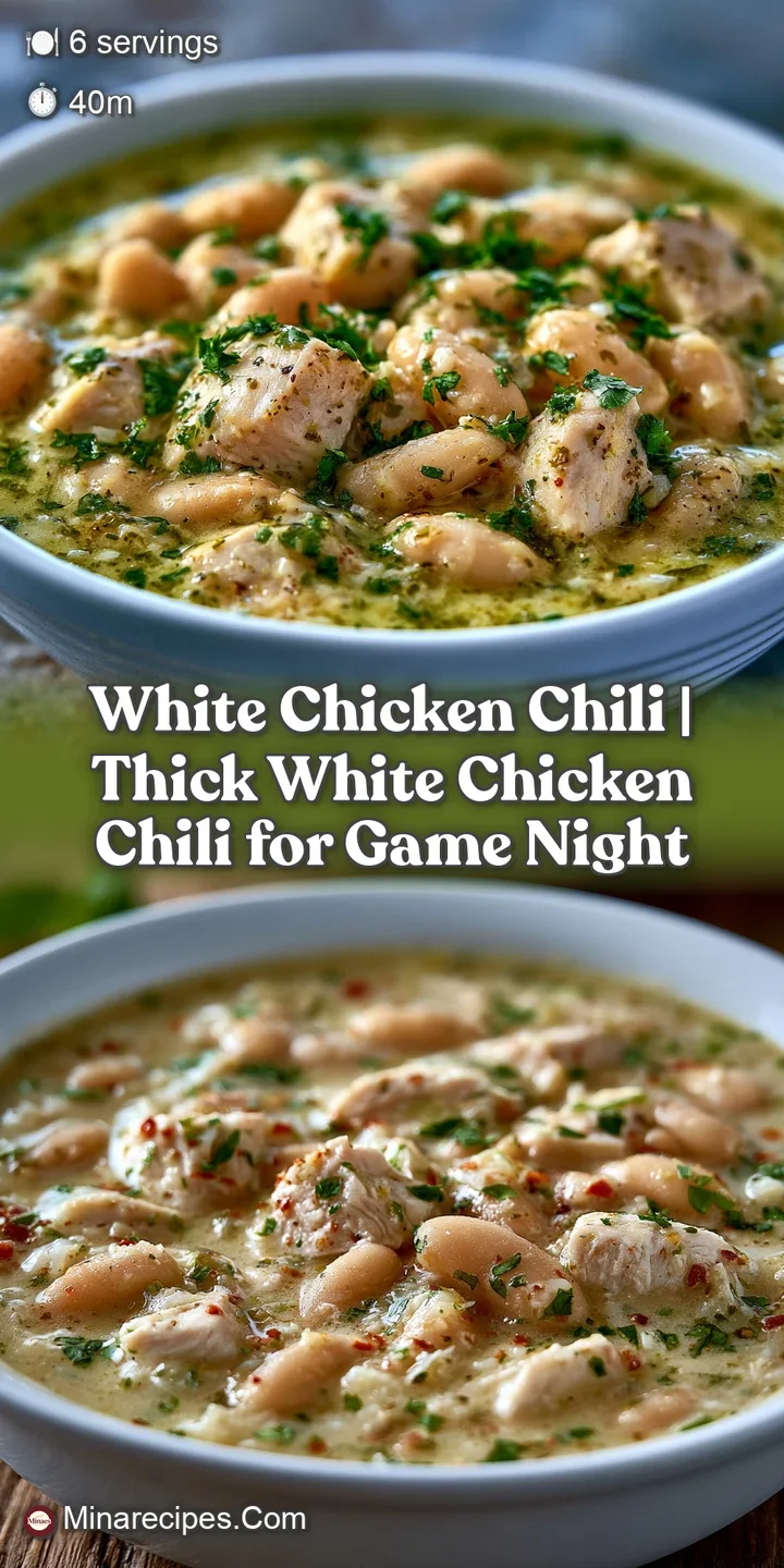 Extreme close-up of tender shredded chicken and white beans in a thick, velvety sauce topped with fresh cilantro.