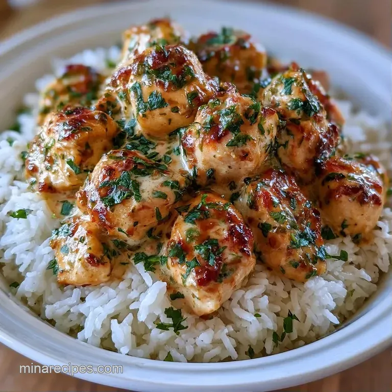 A shallow white bowl of creamy chicken and rice topped with fresh chopped parsley and a crack of black pepper.