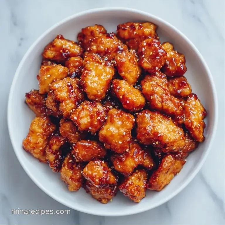 Golden glazed chicken bites arranged over steamed white rice in a ceramic bowl with a sprinkle of toasted sesame seeds.