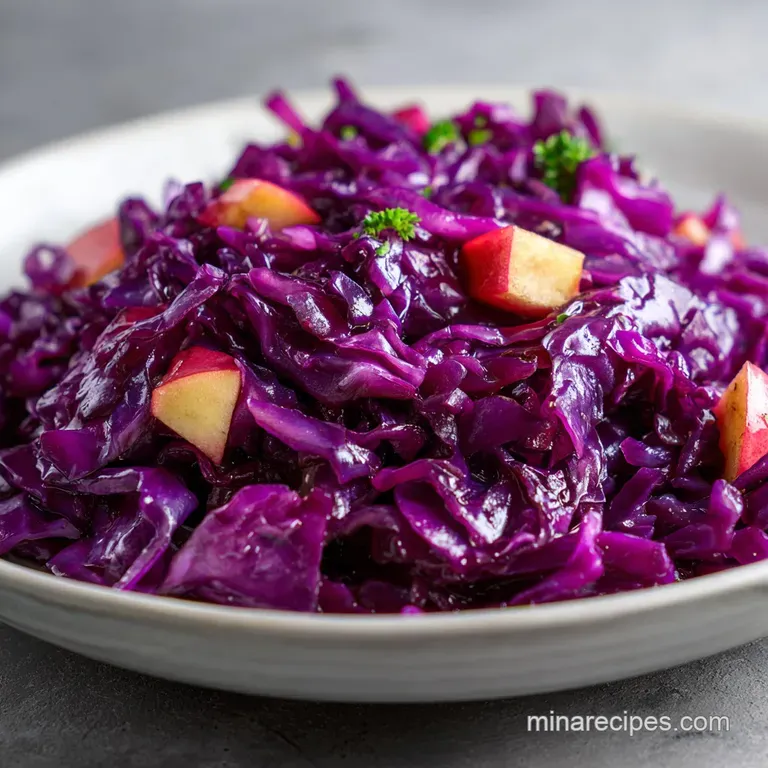 Deep violet braised cabbage served in a white ceramic bowl, garnished with a sprinkle of fresh parsley and apple bits.