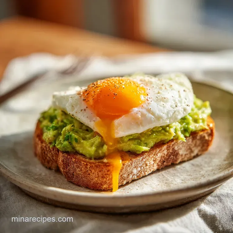 Toasted artisan bread topped with vibrant mashed avocado and a sunny-side-up egg on a clean white ceramic plate.