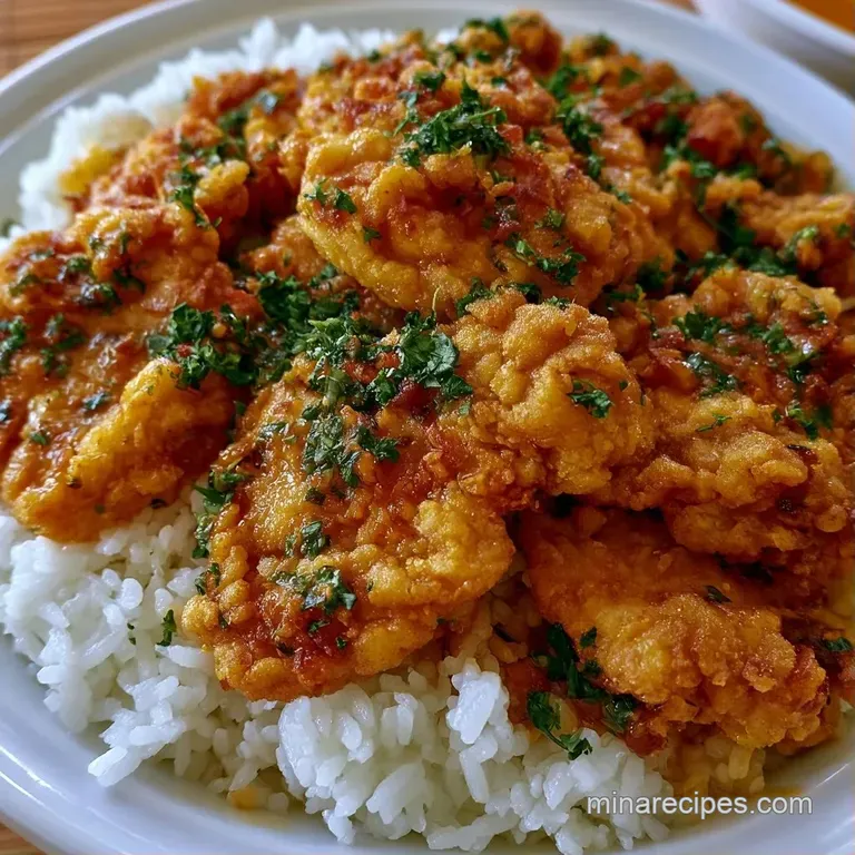 A neat portion of tender chicken and fluffy rice on a white plate, garnished with a sprig of fresh green thyme.