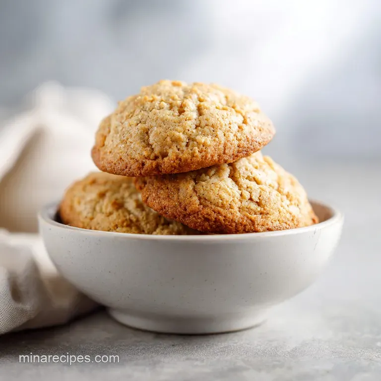 Pale gold cookies stacked on a white plate, topped with whipped cream and a dusting of fine cinnamon powder.