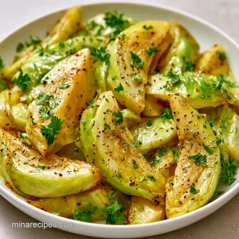Steaming cabbage wedges arranged neatly on a platter, garnished with cracked black pepper and fresh parsley.