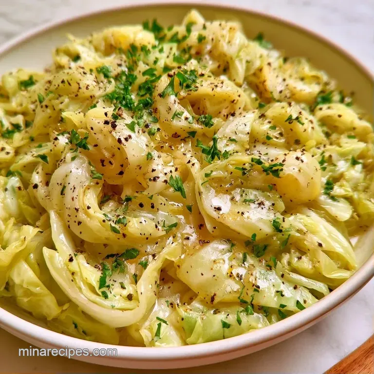 Neatly stacked layers of tender, light green cabbage leaves topped with a pat of melting butter and chives.