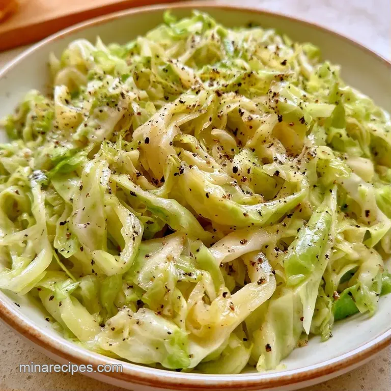A neat pile of glistening, tender cabbage leaves on a white ceramic plate, garnished with fresh chopped parsley.