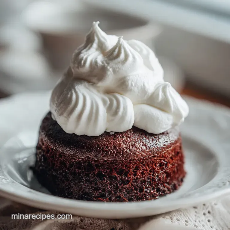 A neat square of moist chocolate cake on a white ceramic plate, adorned with a fresh berry and mint sprig.