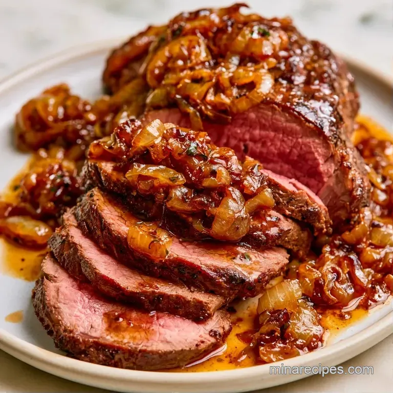 Sliced medium-rare roast meat drizzled with dark glossy gravy, paired with roasted root vegetables and fresh rosemary.
