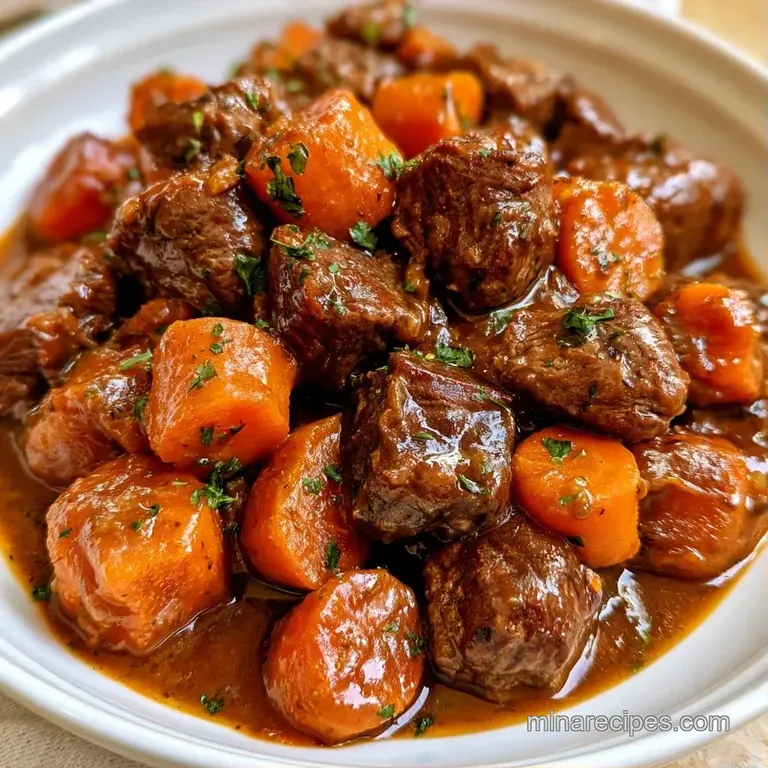 A rustic ceramic bowl filled with thick stew, topped with chopped parsley and served with crusty bread on the side.