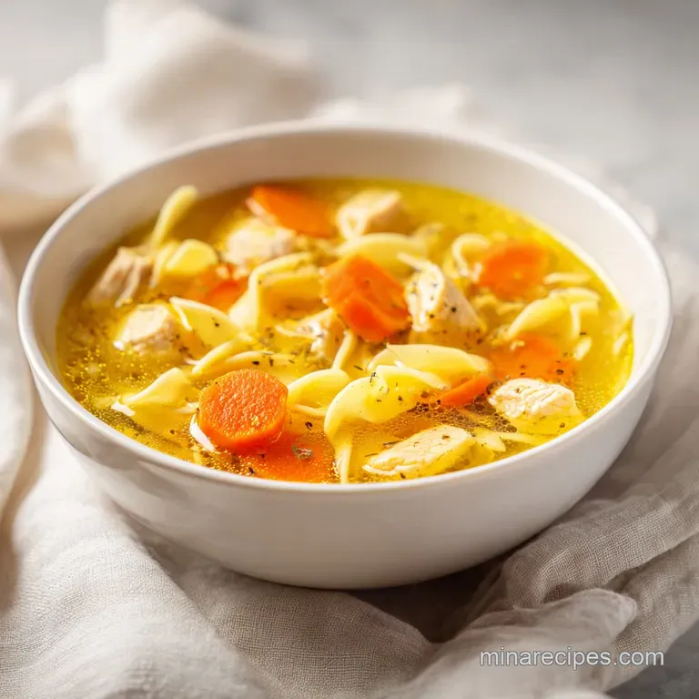 A rustic ceramic bowl filled with golden broth, fresh parsley, and sliced carrots on a light wooden tabletop.