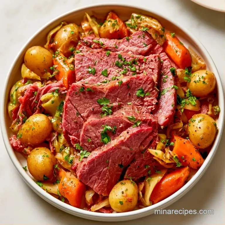 Sliced tender pink beef and steamed green cabbage elegantly plated with glazed orange carrots and a light broth.