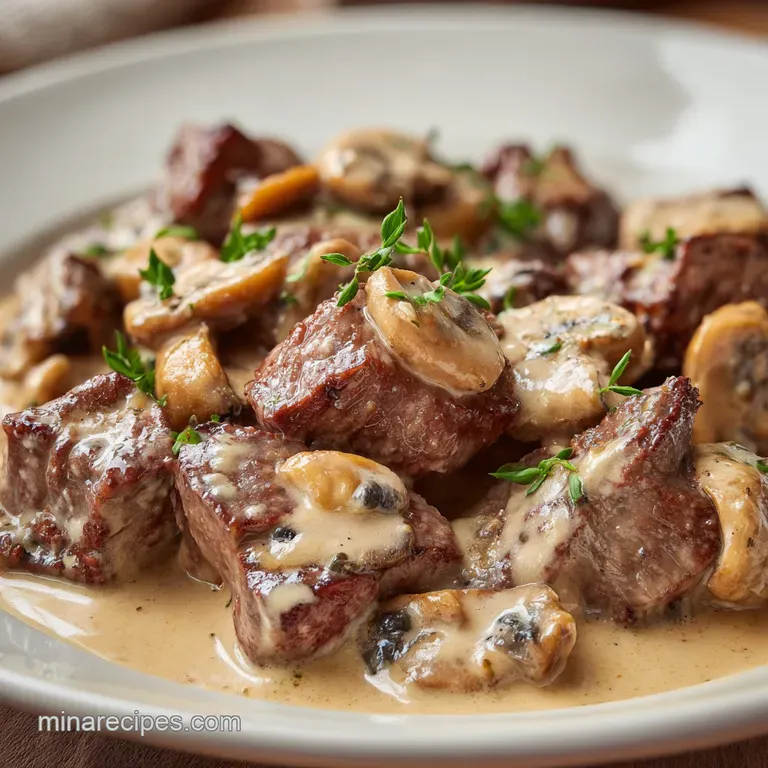 Elegant white platter featuring a swirl of buttered noodles topped with savory beef and a rich, creamy mushroom sauce.