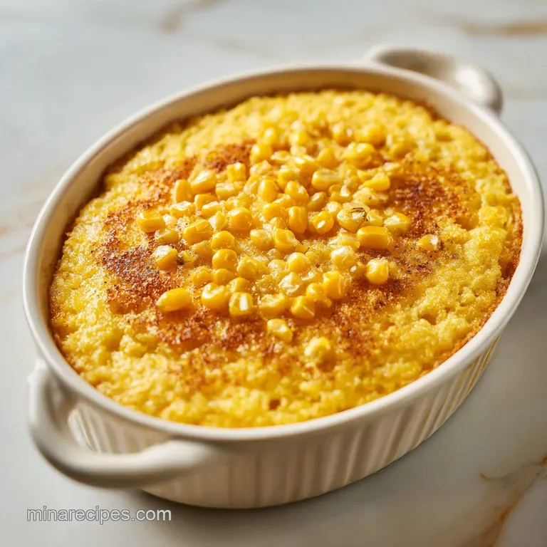 A neat square of creamy yellow corn pudding on a white ceramic plate, garnished with a sprig of fresh parsley.