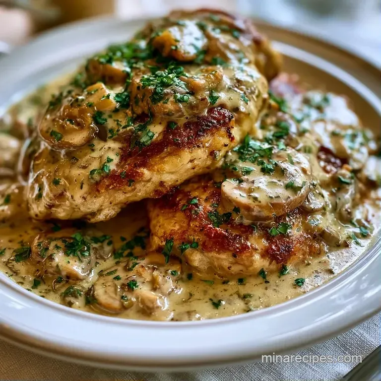 Sliced chicken breast in a glossy cream sauce served on a white ceramic plate with a garnish of fresh green herbs.