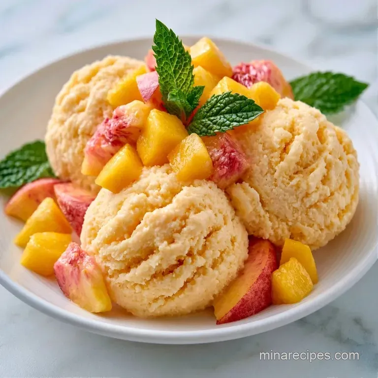 Two pale orange frozen scoops served in a crystal coupe glass, garnished with a mint leaf and a fresh peach wedge.