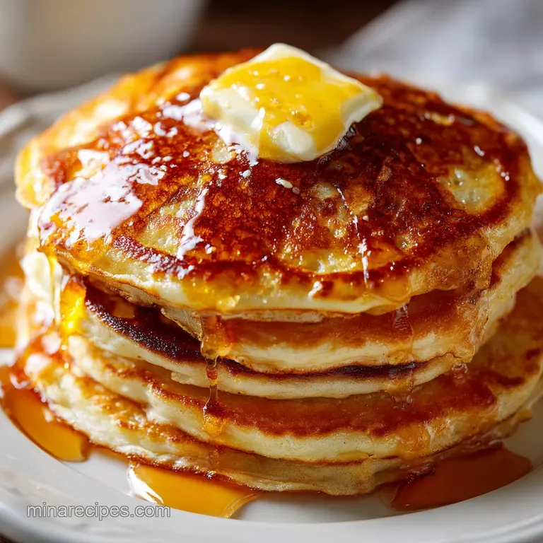 Golden-brown breakfast cakes stacked high on a white plate, drizzled with syrup and topped with fresh blueberries.