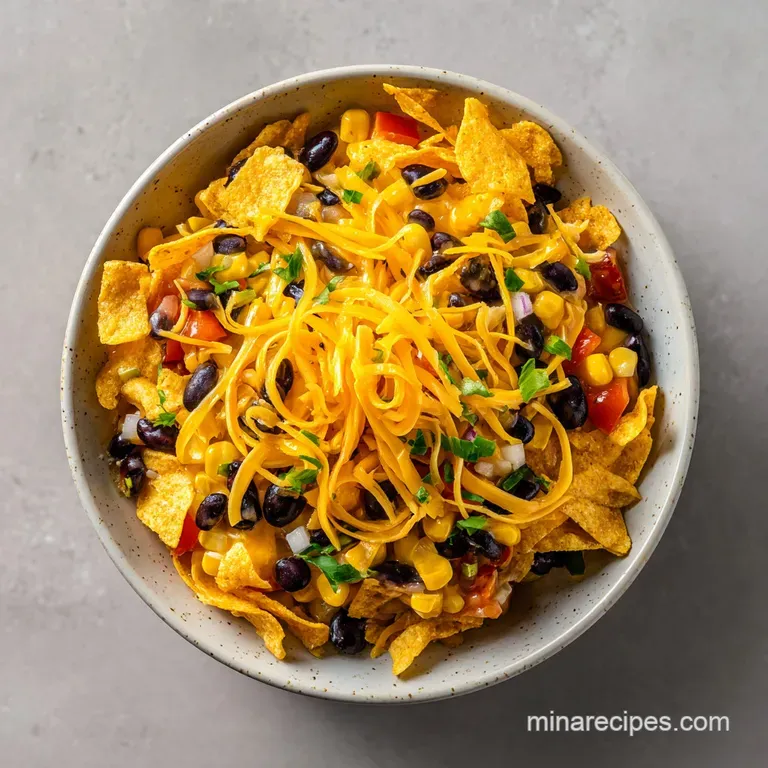A neat scoop of colorful corn salad on a white plate, garnished with fresh green scallions and crisp corn chips.