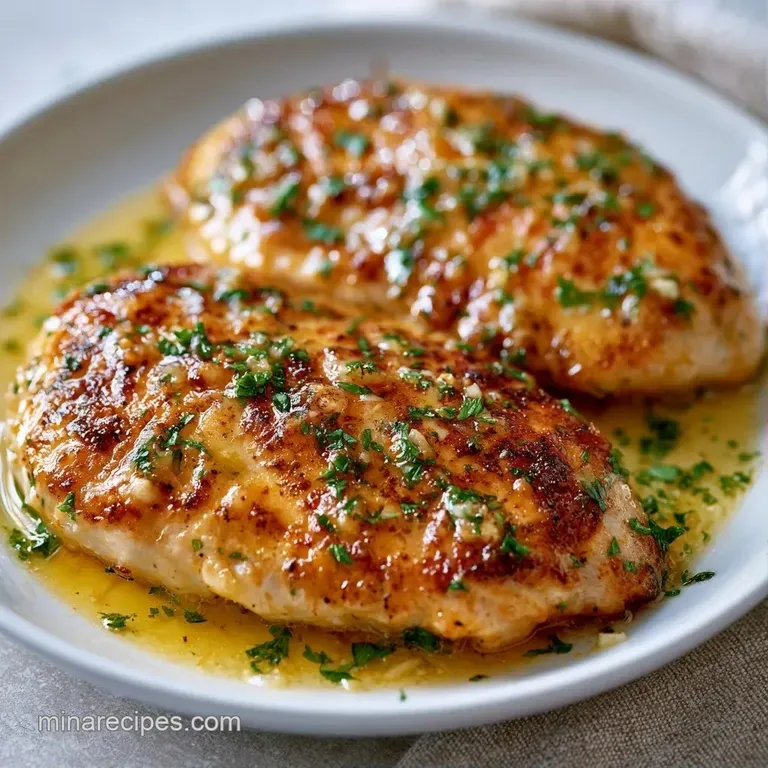 Pan-seared chicken thighs on a white ceramic plate, drizzled with melted butter and sprinkled with fresh greenery.