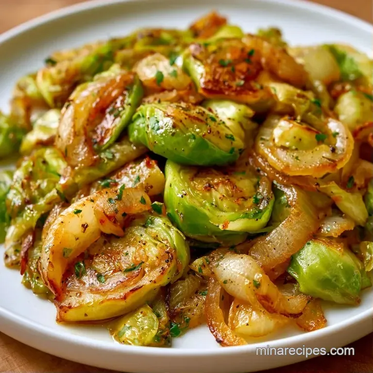 Tender cabbage and sweet onions served in a white ceramic bowl topped with a sprinkle of fresh, chopped parsley.