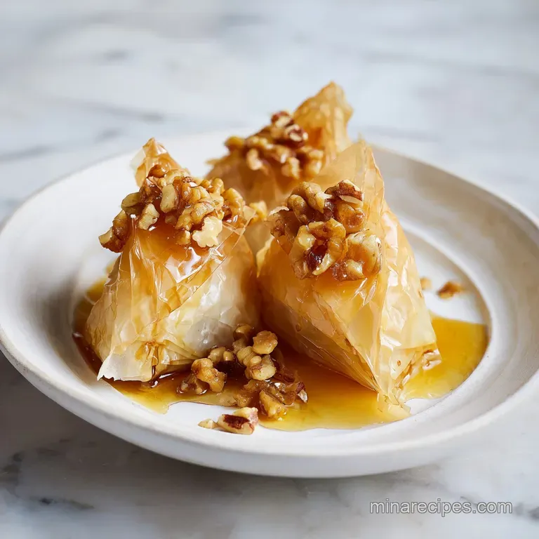Diamond-cut pastry slices stacked on a white ceramic plate, drizzled with clear syrup and dusted with green pistachios.