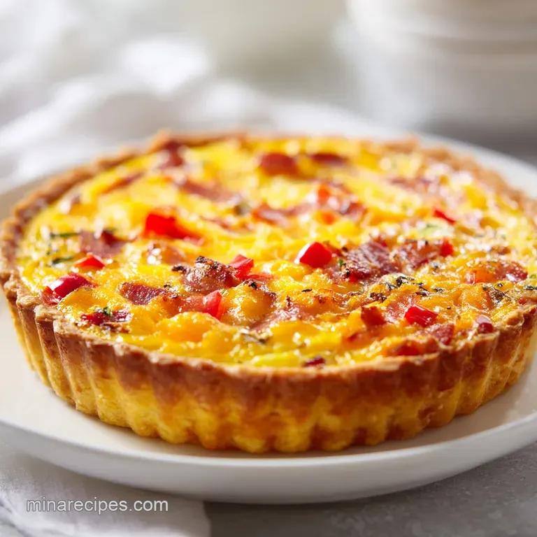 A slice of golden egg tart with crispy bacon and melted cheese on a white plate with a side of mixed greens.