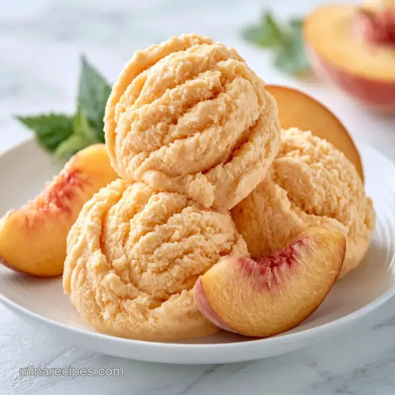 Elegant scoops of pale orange frozen treat in a crystal glass, topped with a thin peach slice and a drizzle of honey.