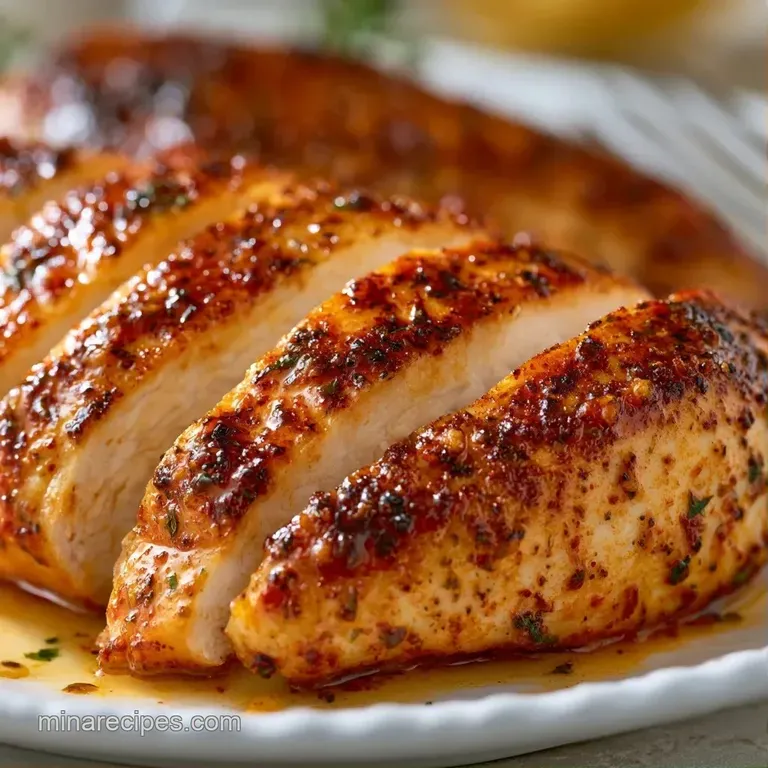 Sliced tender chicken breasts atop a bed of steamed greens, drizzled with a glossy sauce and fresh herb garnish.