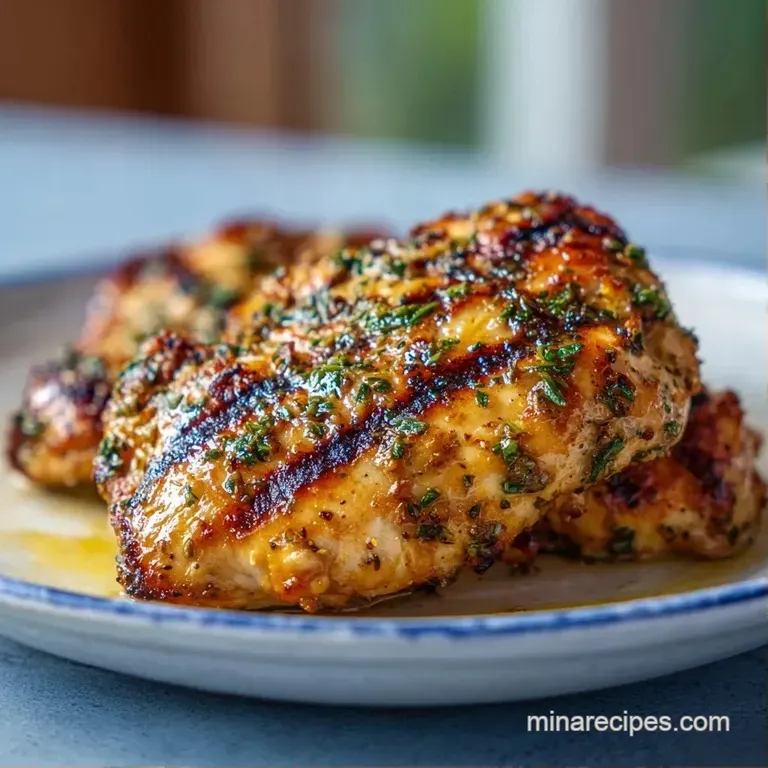 Perfectly seared chicken breasts on a white platter with lemon slices and a sprig of fresh green parsley.