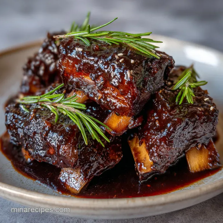 Elegantly plated glazed beef ribs resting on a mound of white rice, garnished with sliced scallions and sesame