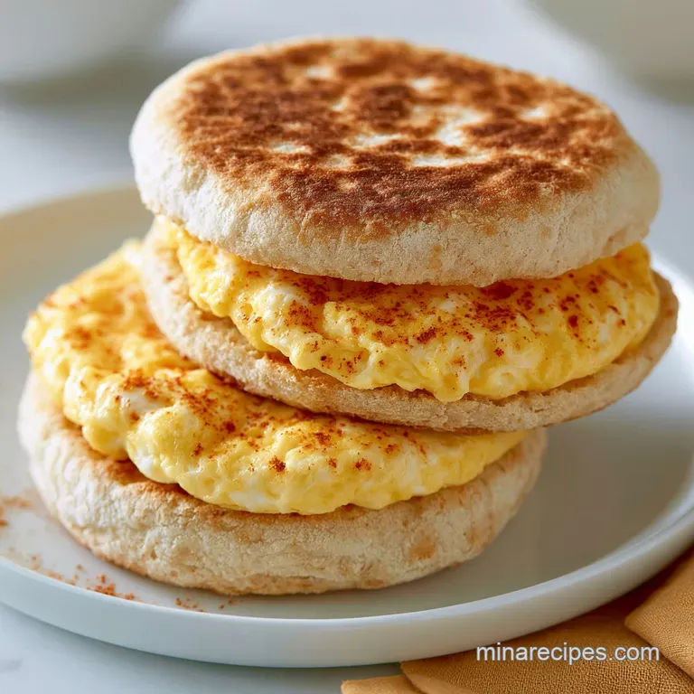 Sliced breakfast sandwich showing layers of fluffy egg and melted cheese alongside crispy, golden hashbrowns.