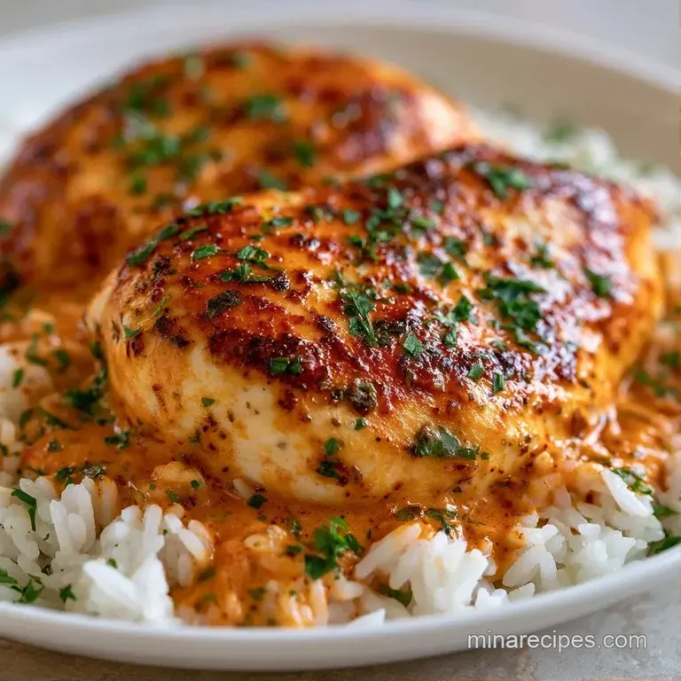 Pan-seared chicken breasts nestled on a bed of steamed rice, drizzled with a velvety orange cream sauce and parsley.