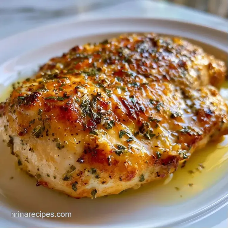 Golden roasted chicken on a white plate with bright lemon wedges and a drizzle of glistening, herb-infused oil.