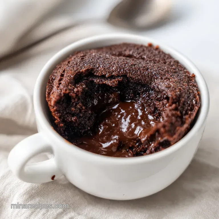 Rich chocolate cake in a ceramic mug topped with a dollop of whipped cream and a single, bright red raspberry.