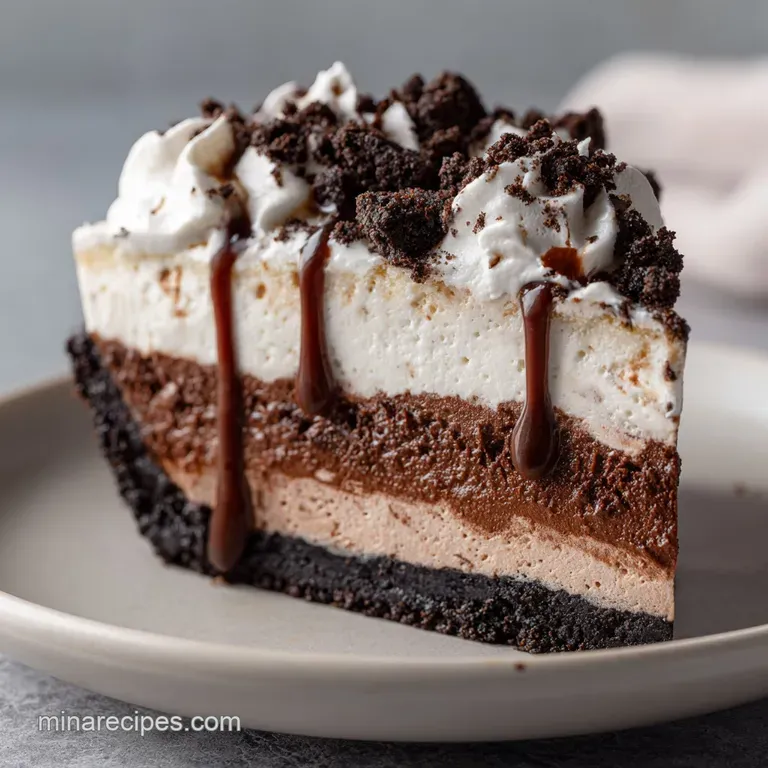 A slice of rich chocolate pie on a white plate, topped with whipped cream and chocolate shavings.