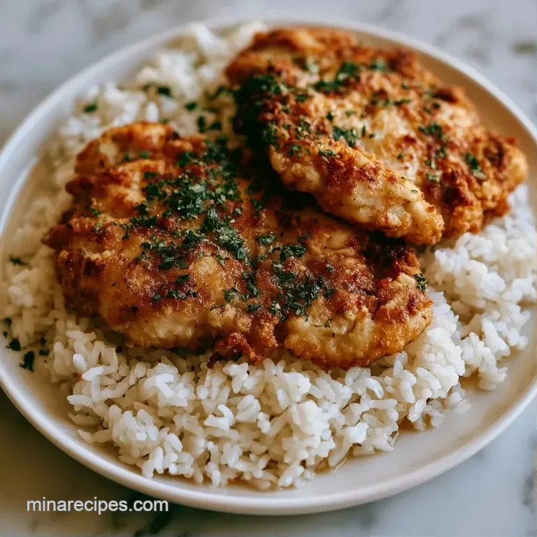 Slices of tender chicken atop a mound of steaming white rice, garnished with fresh parsley on a minimalist plate.