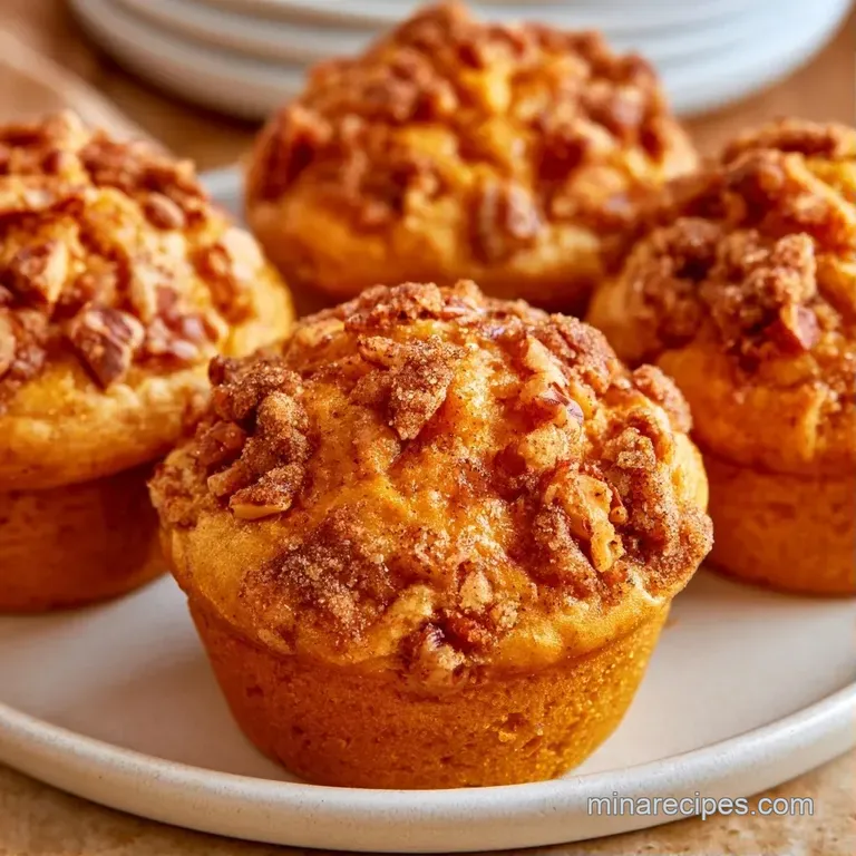 Two moist orange muffins stacked on a white ceramic plate, garnished with a dusting of cinnamon and fresh cream.