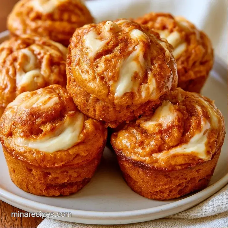 Moist, orange-hued spiced cakes with creamy white swirls arranged on a white ceramic plate with a linen napkin.