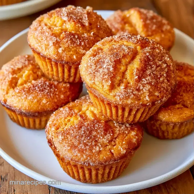 Three warm, orange-hued muffins stacked on a white ceramic plate, accented by a drizzle of honey.