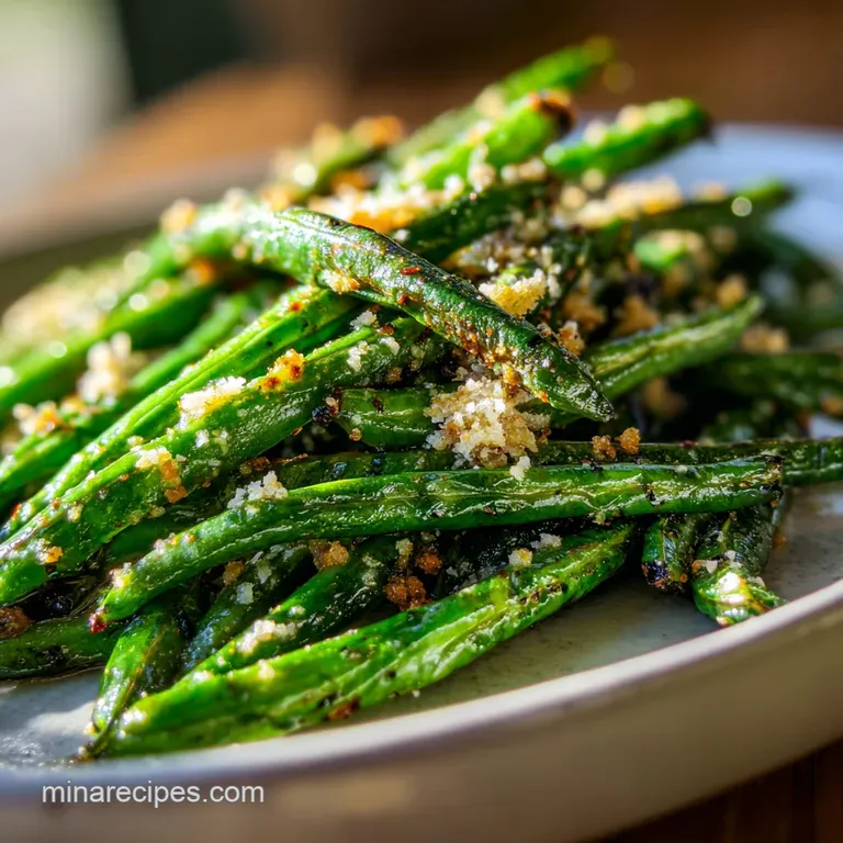 Vibrant green beans piled high on a white plate, garnished with shaved parmesan and golden brown garlic.