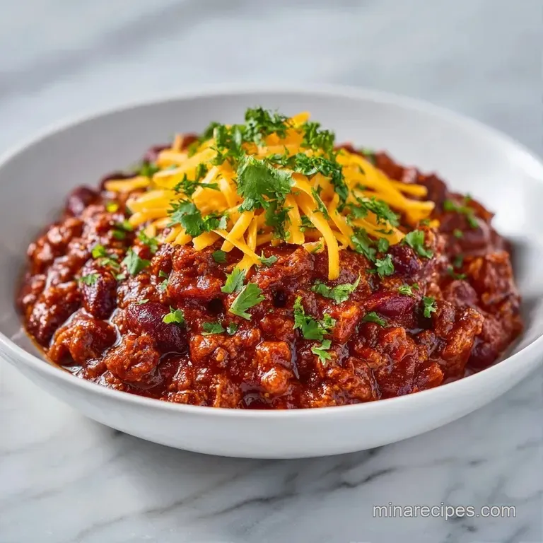 Rustic bowl of red stew topped with a swirl of sour cream, shredded gold cheese, and chopped green onions.
