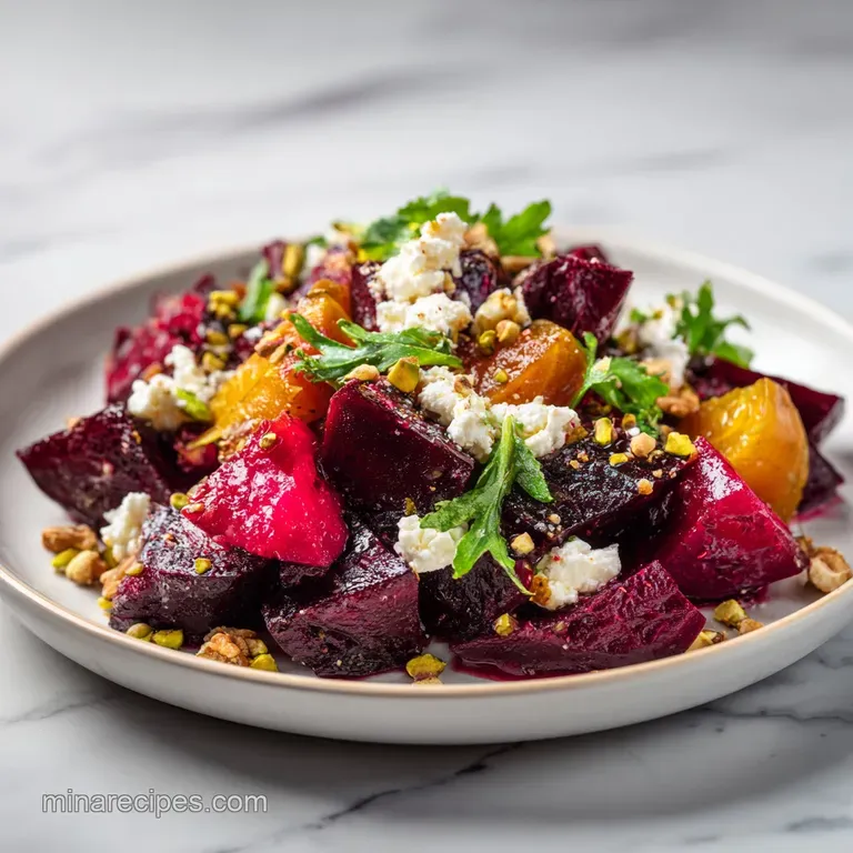 A generous mound of ruby red roasted beet salad crowned with tangy goat cheese and crunchy pistachios.