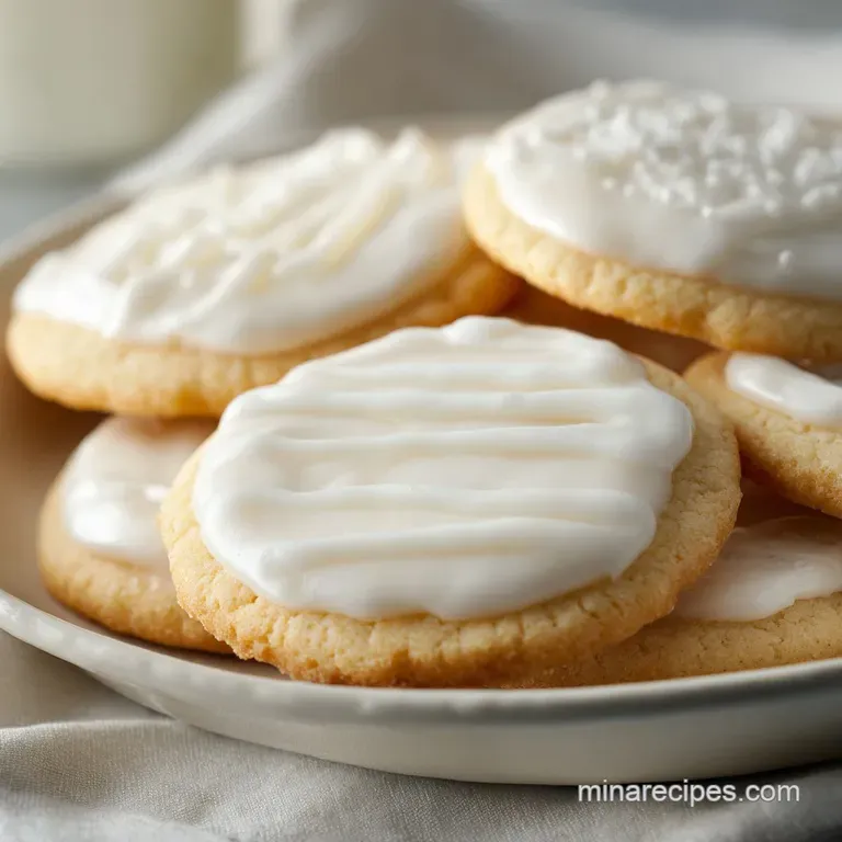 A stack of neatly iced cookies on a white ceramic plate, showing a crisp, hard-set white glaze and soft lighting.