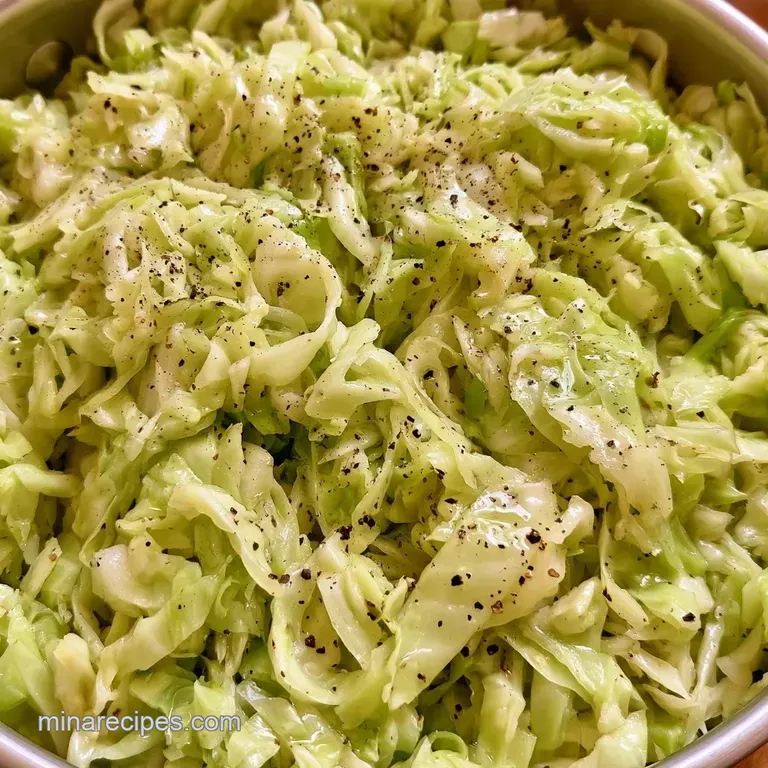 Neatly stacked tender cabbage leaves on a white ceramic plate, finished with a dusting of coarse black pepper.