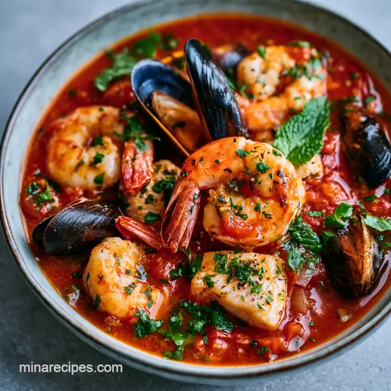 Seafood stew in a wide ceramic bowl served with toasted golden sourdough bread on a neutral linen tablecloth