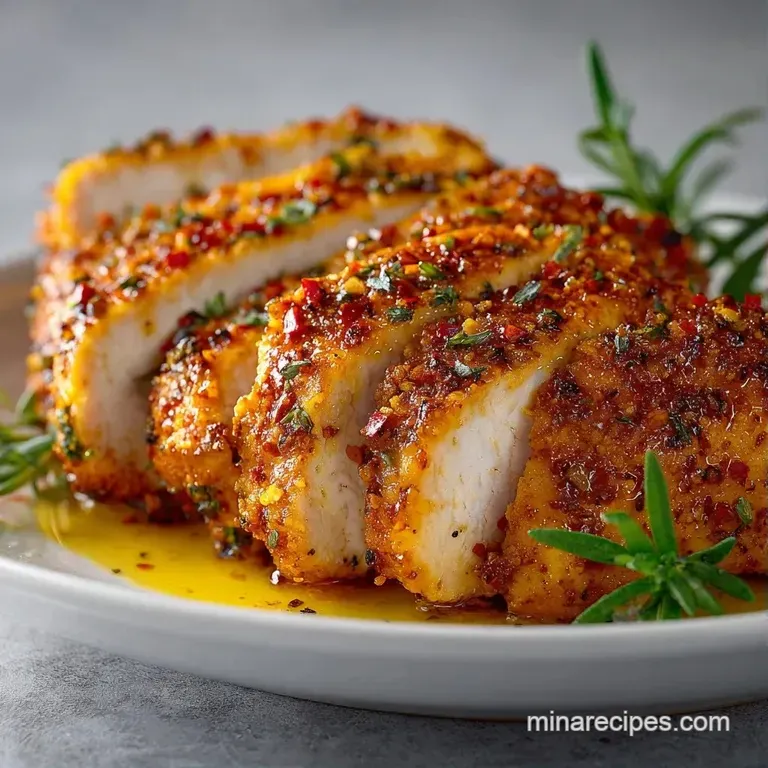 Sliced seared chicken breast arranged over creamy mashed potatoes, garnished with a sprig of thyme and olive oil.