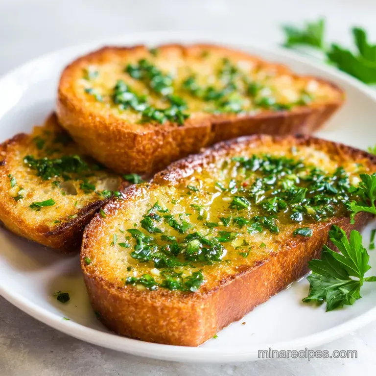 Golden toasted baguette slices arranged neatly on a white ceramic platter, garnished with fresh chopped herbs.
