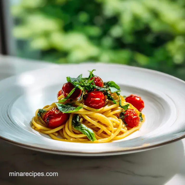 Twirled pasta nests coated in a creamy sauce, topped with shaved parmesan and fresh basil on a matte plate.